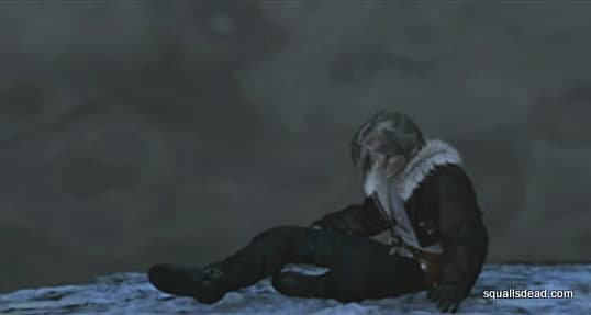 Squall sits alone in a desolate landscape.