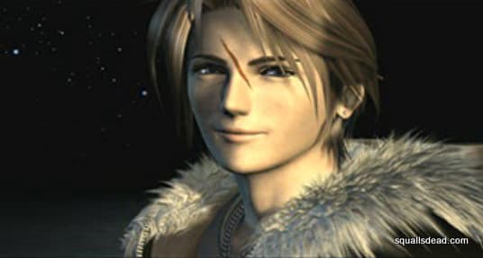 Squall turns to the camera and smiles.