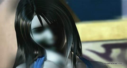 Rinoa, her face blurred, staggers ahead after being mind controlled by Edea at Deling City.