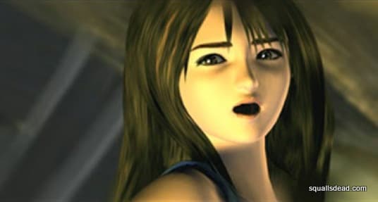 Rinoa turns, her mouth agape, as Squall is impaled by a shard of ice.