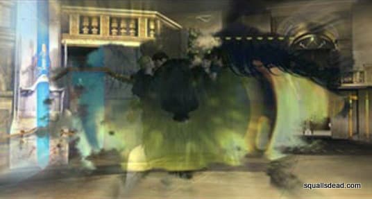 A shot from the ending where different scenes blend together. An eye is seen superimposed over the ballroom dance.