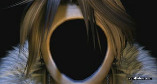 Squall's head is displayed, but instead of his face he has only a gaping black hole to fill in his features.